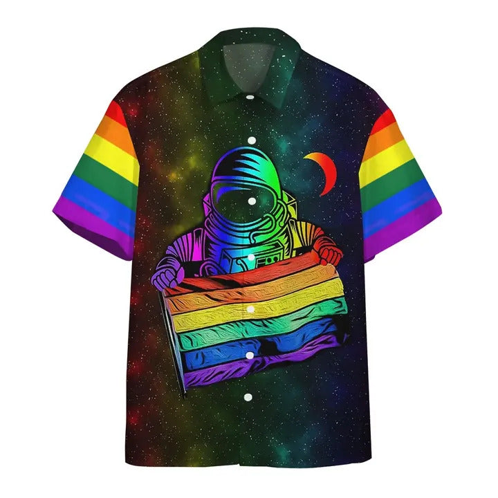 Unifinz LGBT Hawaiian Shirt Astronaut LGBT Rainbow Flag Galaxy Hawaii Shirt LGBT Aloha Shirt 2022