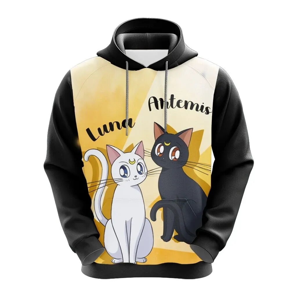 Sailor Moon Hoodie Sailor Moon Cats Luna Artemis Black White Hoodie Anime Hoodie Full Print Full Size