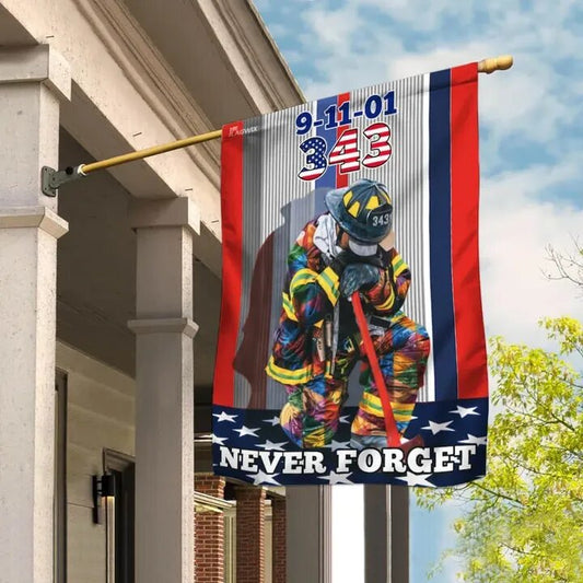 Patriot Day House Flag September 11th Flags 9-11-01 343 Kneeling Firefighter Never Forget House Flag