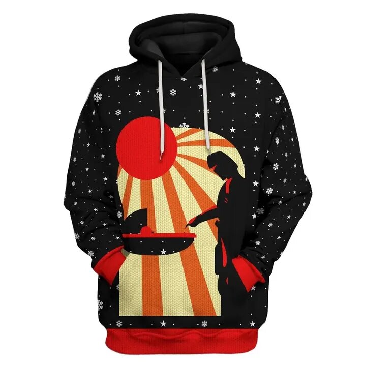 SW T-shirt SW The Mandalorian Christmas Black Orange T-shirt Hoodie Adult Full Print Unisex