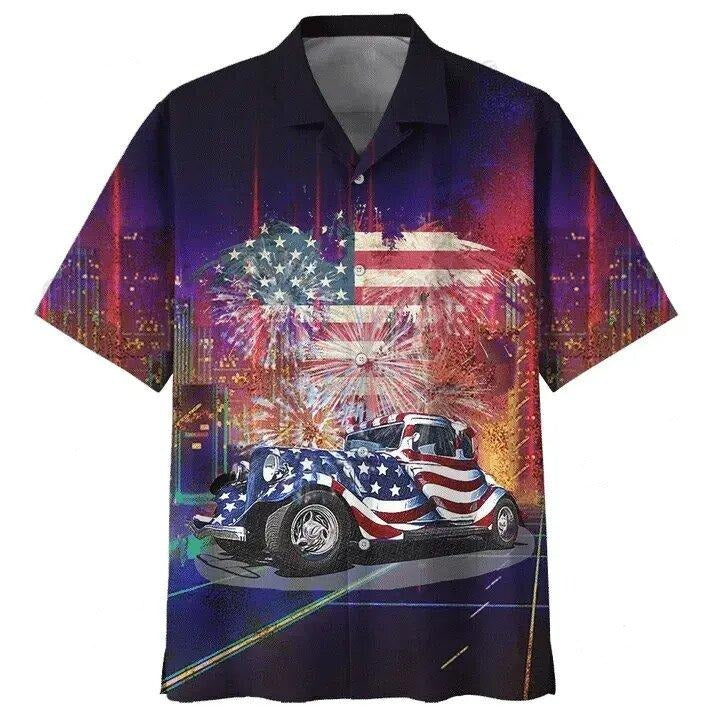 Hot Rod Hawaiian Shirt Hot Rod American Flag Fireworks Hawaii Aloha Shirt