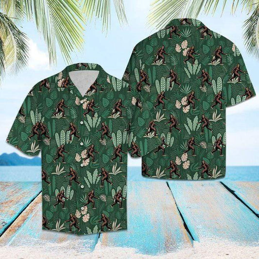 Unifinz Bigfoot Hawaiian Shirt Bigfoot Tropical Jungle Palm Pattern Hawaii Aloha Shirt 2022