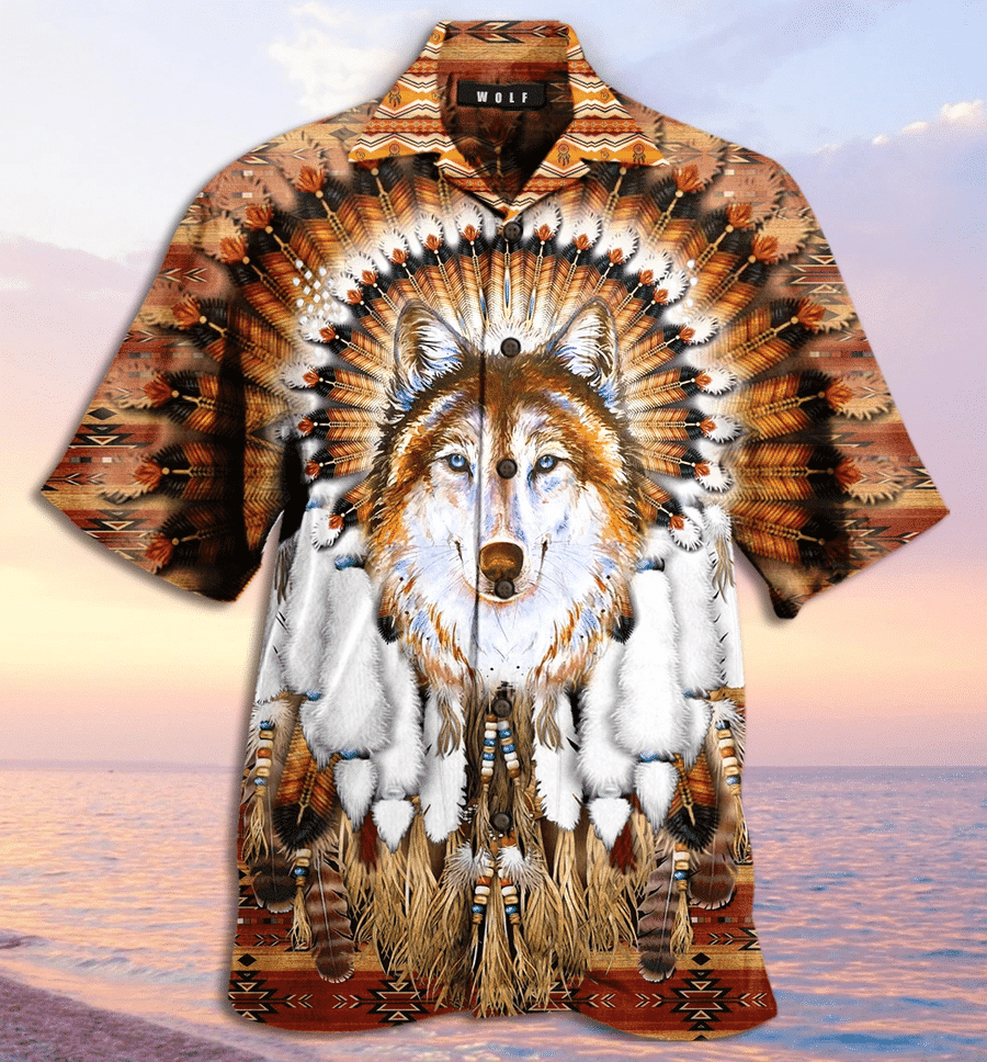 Unifinz Native American Hawaii Shirt Native Wolf Feather Hawaiian Shirt Native American Aloha Shirt 2022