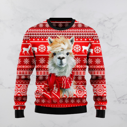 Llama Christmas Sweater Llama Wearing Scarf Christmas Pattern Red White 3d Ugly Sweater