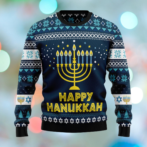 Hanukkah Ugly Sweater Happy Hanukkah Candles White Blue Sweater