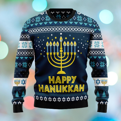 Hanukkah Ugly Sweater Happy Hanukkah Candles White Blue Sweater