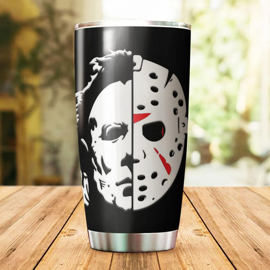 Halloween Tumbler Cup 20 Oz Micheal Myers Jason Voorhees Half Face Tumbler 20 Oz