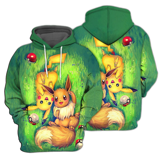 PKM Hoodie Pikachu And Eevee On The Ground Hoodie Colorful Unisex