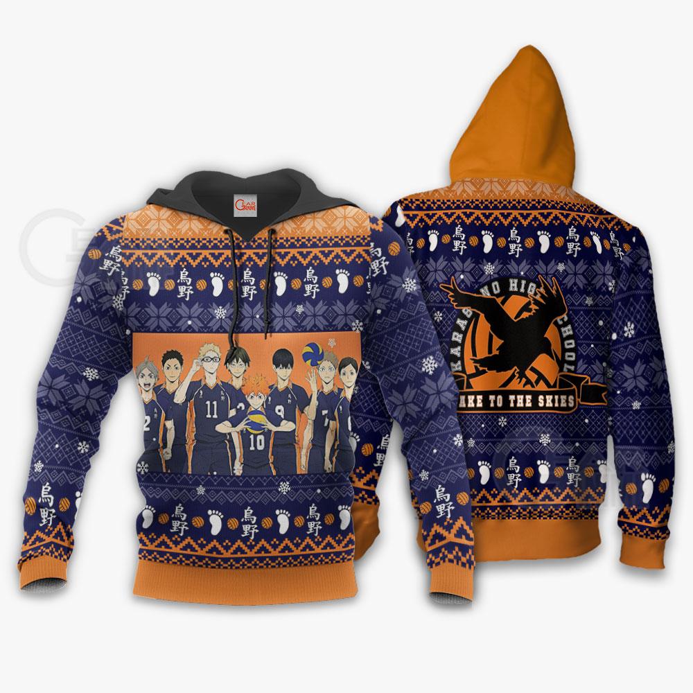  Haikyuu Hoodie Karasuno High School Team Take To The Skies Christmas Pattern Blue Hoodie Adult Full Size Full Print