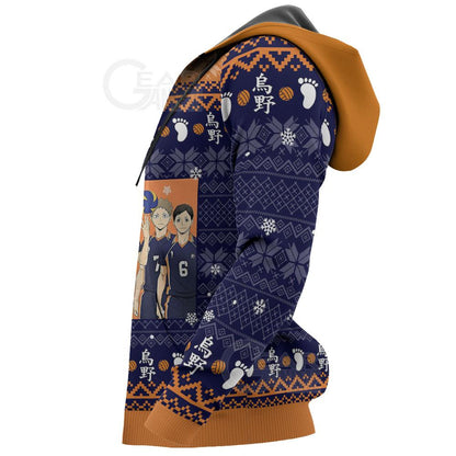  Haikyuu Hoodie Karasuno High School Team Take To The Skies Christmas Pattern Blue Hoodie Adult Full Size Full Print