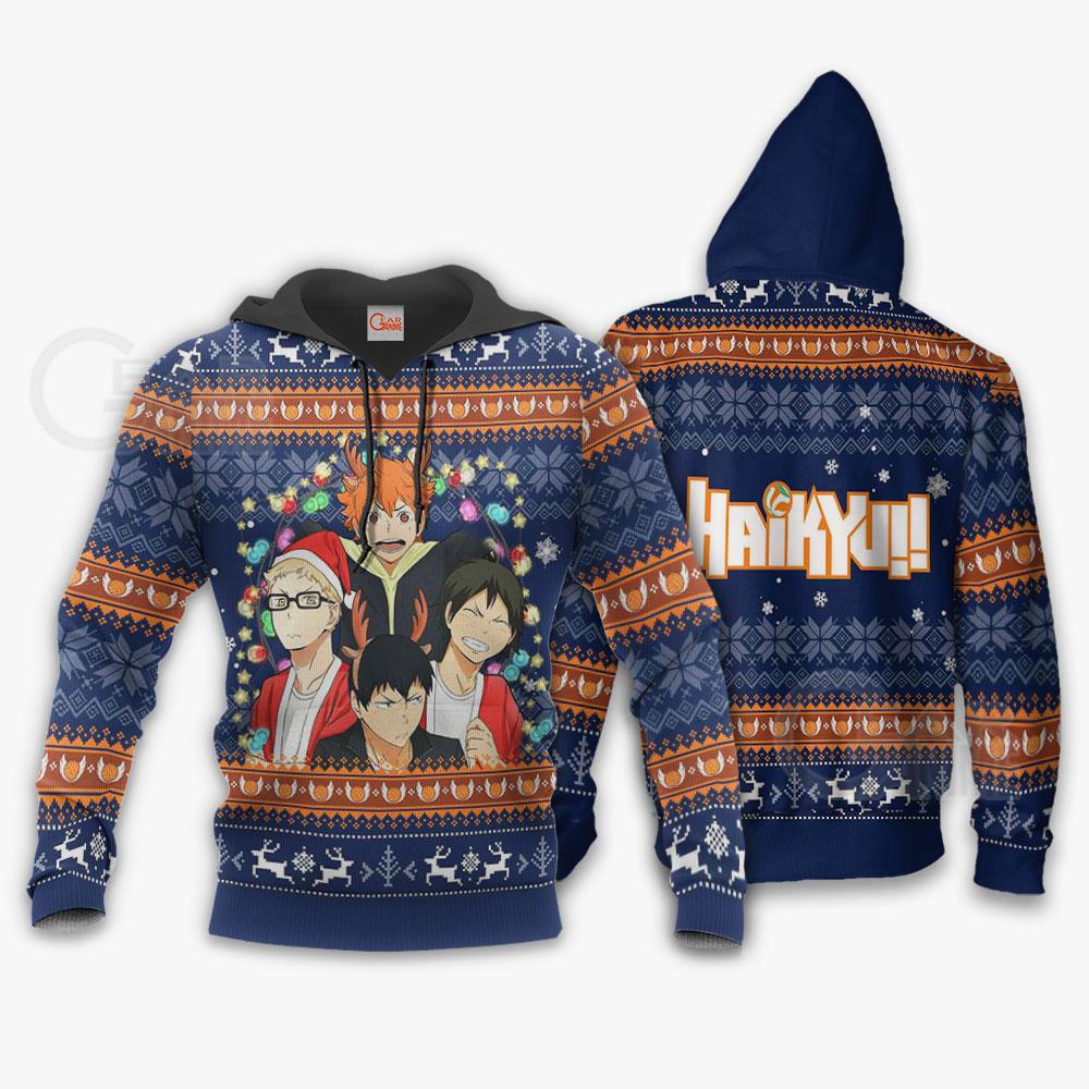  Haikyuu Hoodie Kageyama Hinata Kei Tadashi Christmas Pattern Blue Hoodie Anime Hoodie For Fan Adult Fill Print