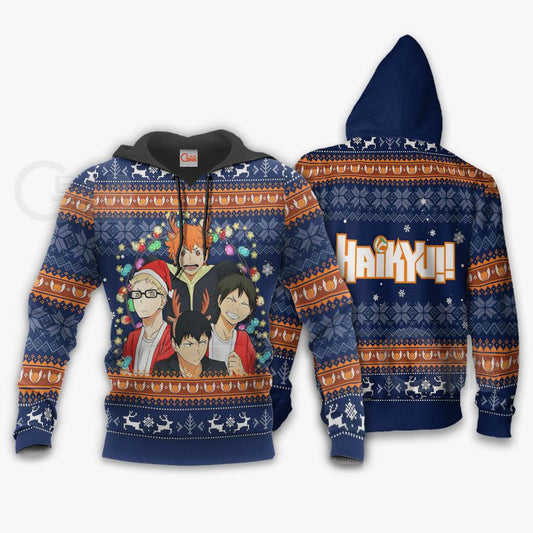  Haikyuu Hoodie Kageyama Hinata Kei Tadashi Christmas Pattern Blue Hoodie Anime Hoodie For Fan Adult Fill Print