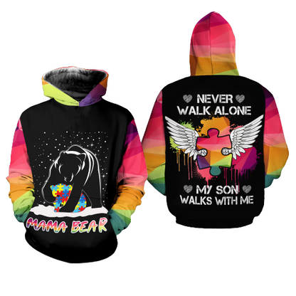 Unifinz Mother Bear Autism Hoodie Mama Bear My Son Walks With Me Hoodie Autism Apparel 2023
