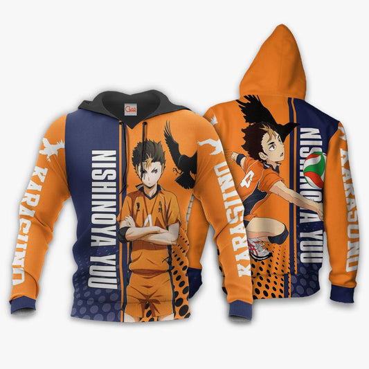  Haikyuu Hoodie Karasuno Nishinoya Yuu Playing Volleyball Orange Blue Hoodie Anime Hoodie Adult Full Print