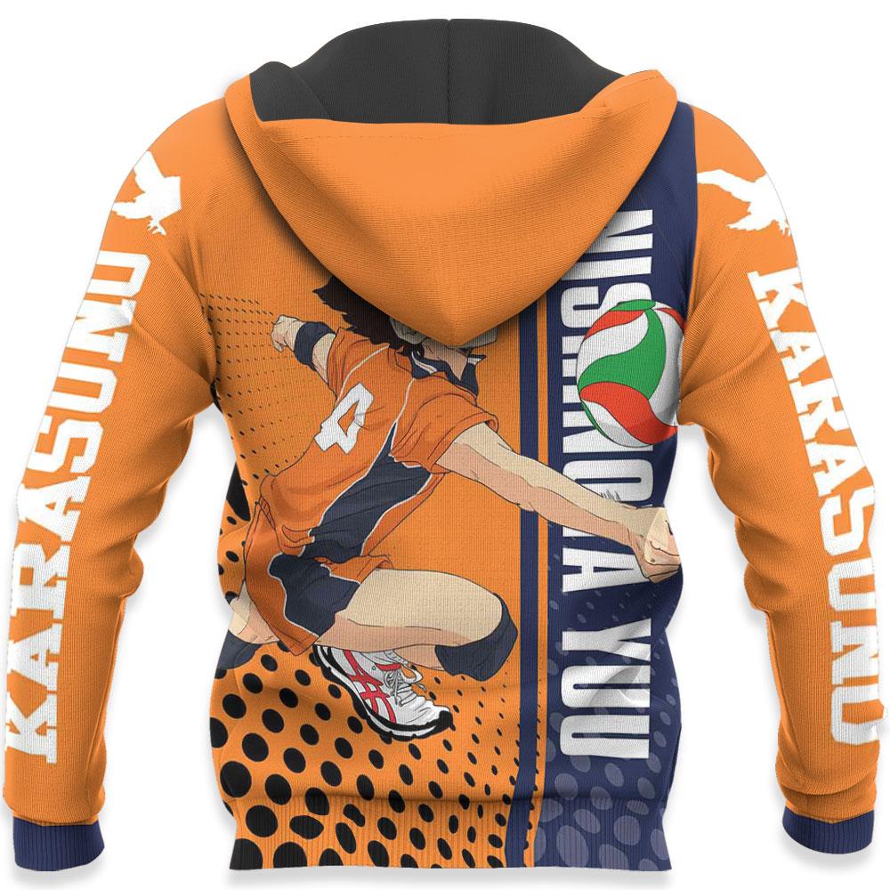  Haikyuu Hoodie Karasuno Nishinoya Yuu Playing Volleyball Orange Blue Hoodie Anime Hoodie Adult Full Print