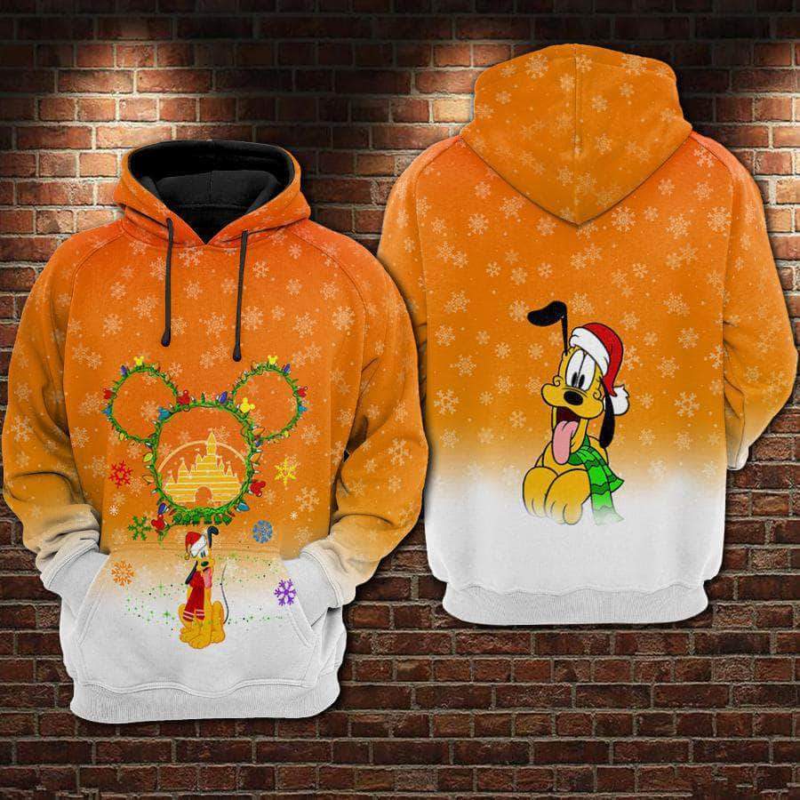 DN Hoodie Pluto With Christmas Hat Mouse Head Symbol Christmas Orange White Hoodie