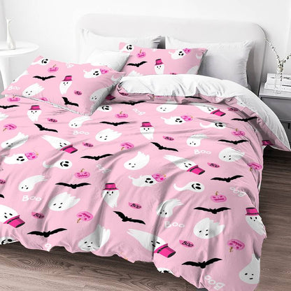 Halloween Bedding Set Halloween Cute Ghost Wearing Hat Duvet Covers Pink Unique Gift