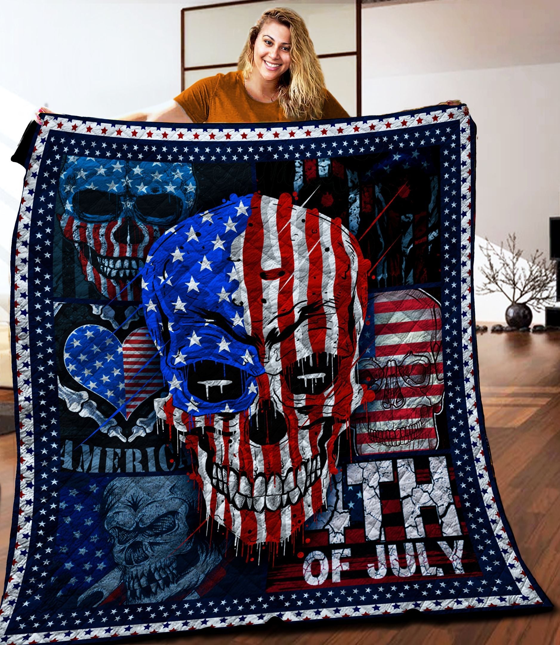 Unifinz 4th Of July Quilt Skull 4th Of July Celebration American Flag Quilt 2022