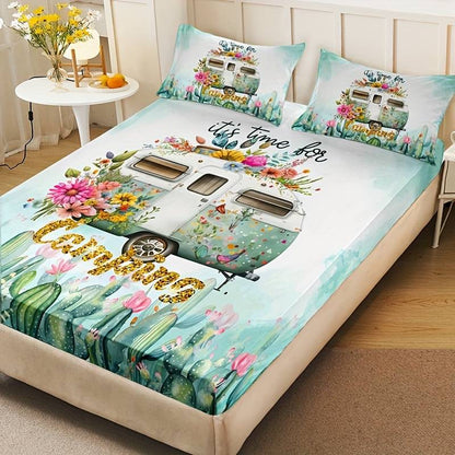 Camping Bedding Set It's Time For Camping Cactus Pattern Duvet Covers White Green Unique Gift