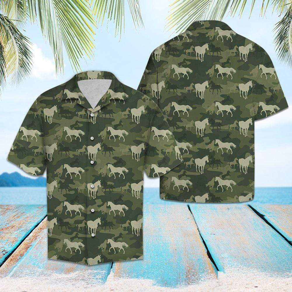  Horse Hawaii Shirt Horse Camourflage Pattern Green Hawaiian Aloha Shirt