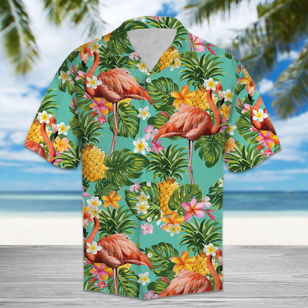 Unifinz Flamingo Hawaii Shirt Orange Flamingo Tropical Pinapple Hawaiian Shirt Flamingo Aloha Shirt 2022