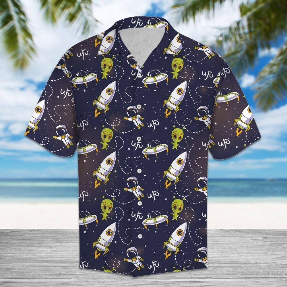 Unifinz UFO Hawaiian Shirt Spaceship UFO Alien Pattern Black Hawaii Aloha Shirt 2022