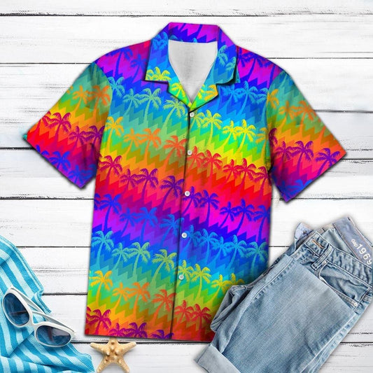 Unifinz LGBT Hawaii Shirt Coconut Palm Tree LGBT Rainbow Color Hawaiian Shirt LGBT Aloha Shirt 2022