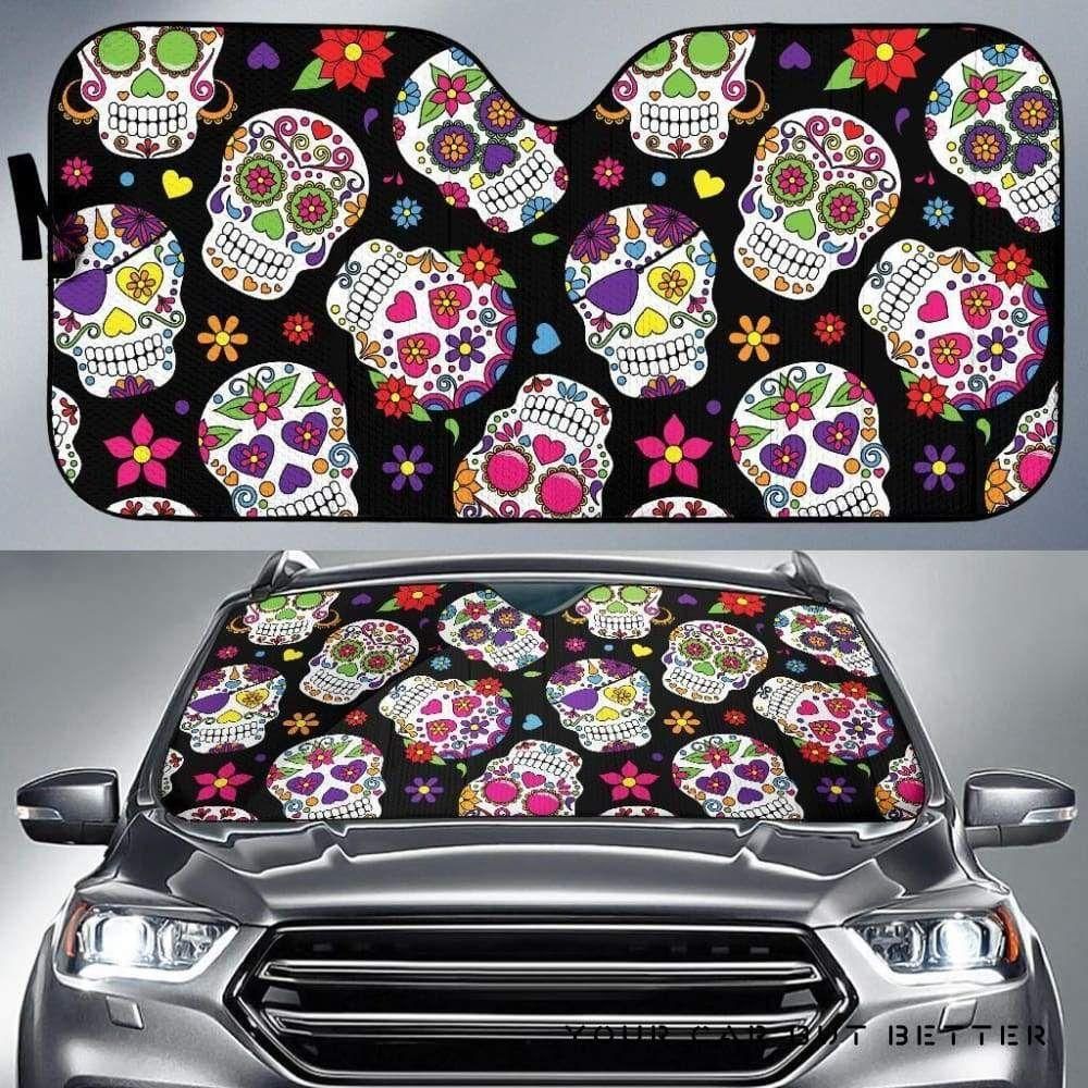  Skull Car Sun Shade Flower Mexican Sugar Skull Windshield Sun Shade