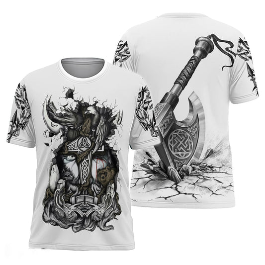  Viking Shirt Viking Warrior Breaking Out Viking Axe Norse Art White T-shirt Adult Full Print