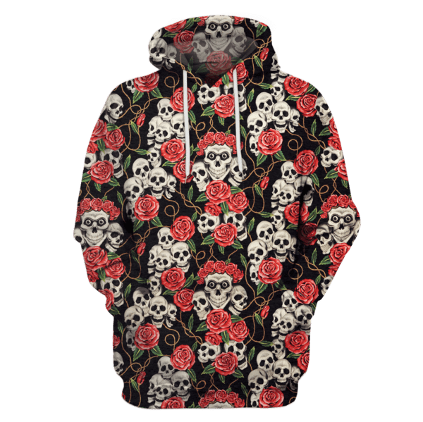  Halloween T-shirt Halloween Skull And Roses Black Red Hoodie Adult Unisex Full Print