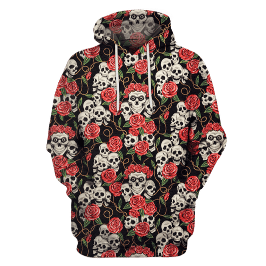  Halloween T-shirt Halloween Skull And Roses Black Red Hoodie Adult Unisex Full Print