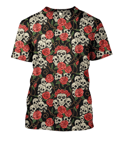  Halloween T-shirt Halloween Skull And Roses Black Red Hoodie Adult Unisex Full Print