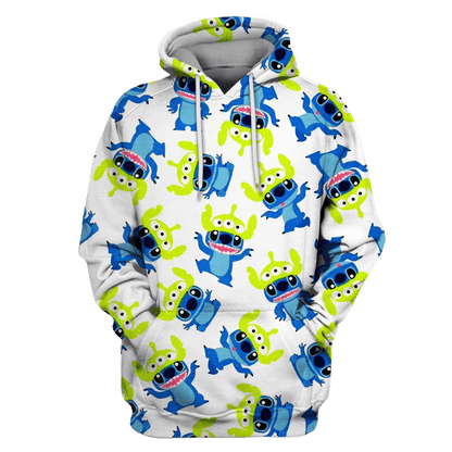 DN Shirt Stitch T-shirt Stitch Wearing Alien Hat Pattern White Hoodie Stitch Hoodie