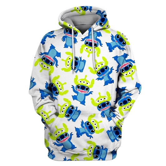 DN Shirt Stitch T-shirt Stitch Wearing Alien Hat Pattern White Hoodie Stitch Hoodie