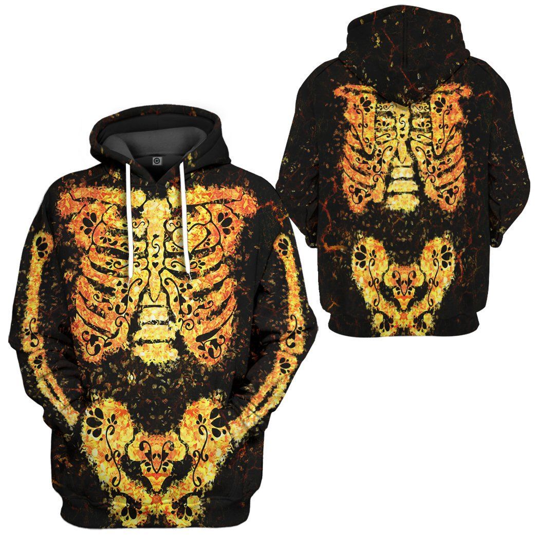 Halloween Hoodie Halloween Flower Pattern Skeleton Golden Black Hoodie Halloween Clothing