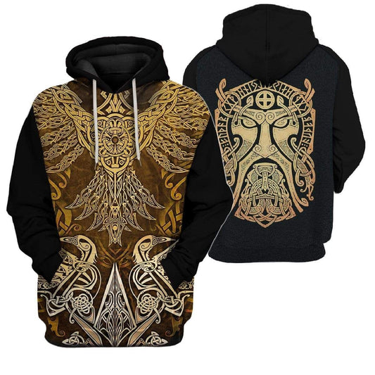  Viking T-shirt Viking Odin Face Norse Art Style Yellow Black Shirt Hoodie Full Print Full Size