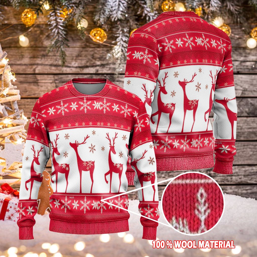 Reindeer Sweater Reindeer Christmas Snowflakes Pattern Red And White Ugly Sweater