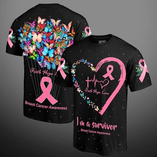  Breast Cancer Shirt Breast Cancer Survivor Shirts I Am A Survivor Butterfly Heart Black T-shirt Adult Full Size