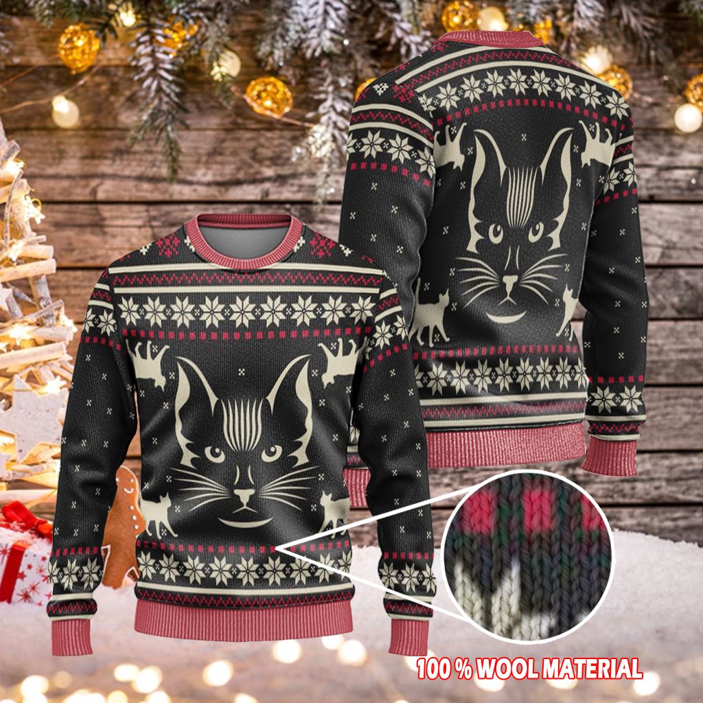 Cat Christmas Sweater Black Cat Witch Christmas Snowflakes Pattern Black Red Ugly Sweater