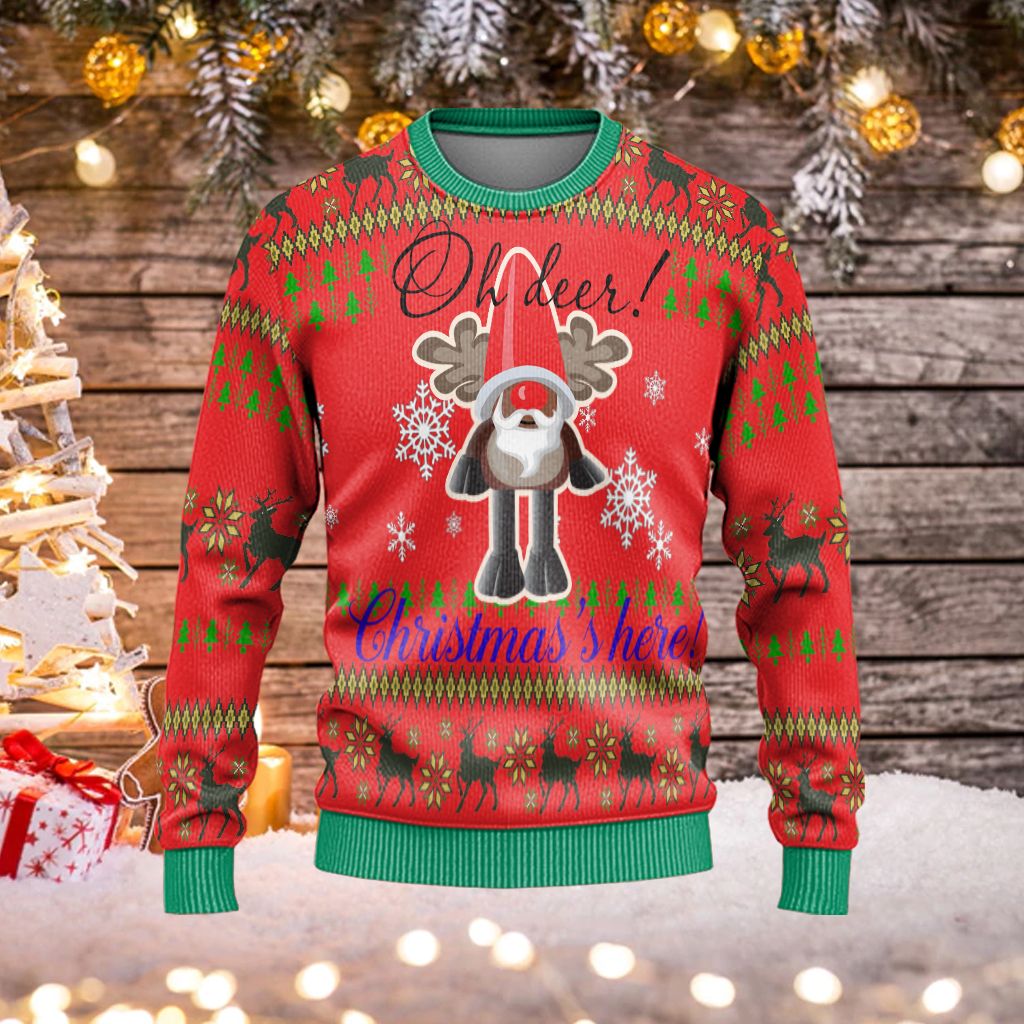 Reindeer Sweater Oh Deer Christmas Is Here Red Ugly Sweater