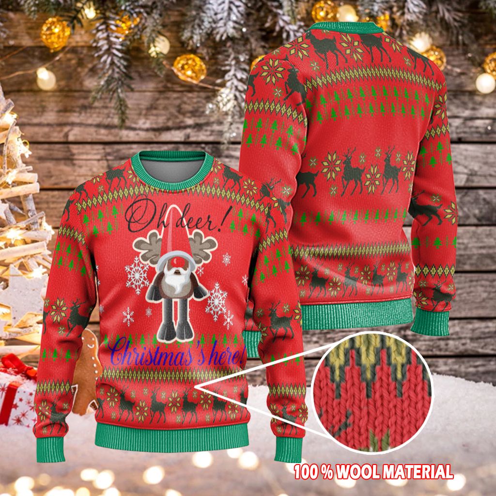 Reindeer Sweater Oh Deer Christmas Is Here Red Ugly Sweater