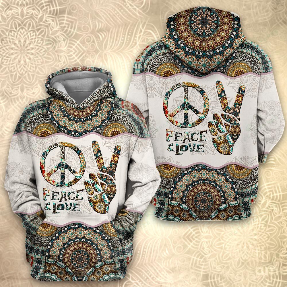  Hippie Hoodie Peace Sign Hand Mandala Green White T-shirt Hoodie Adult Unisex Full Print