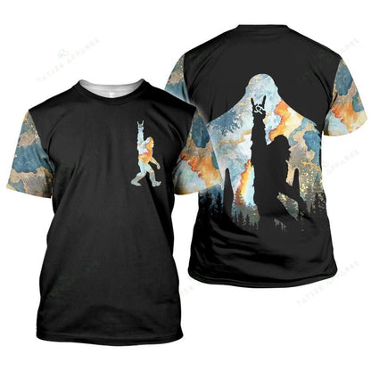 Unifinz Bigfoot Shirt Bigfoot Walking Peace Signal T-shirt Hoodie Black Adult Full Print 2022