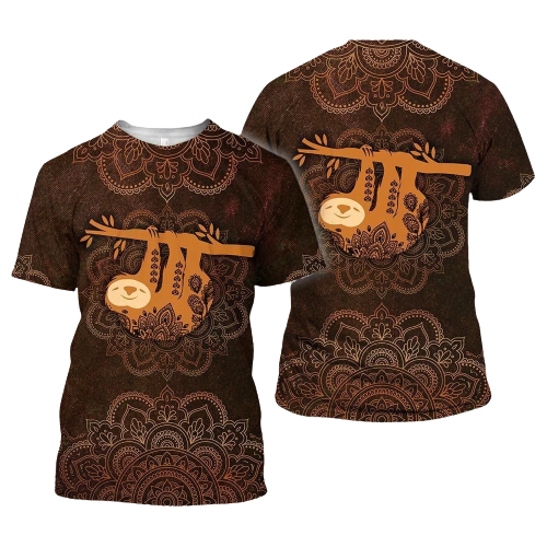 Sloth T-shirt Sloth Mandala Pattern Brown T-shirt Hoodie Adult Full Print