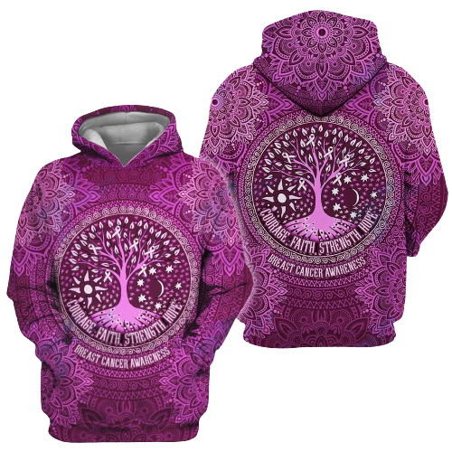 Breast Cancer T-shirt Breast Cancer Awareness Courage Faith Strength Hope Mandala Tree Pink Hoodie For Women