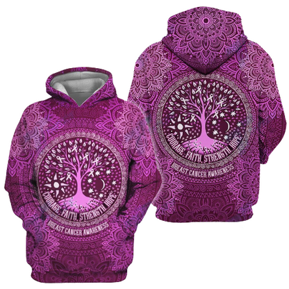 Breast Cancer T-shirt Breast Cancer Awareness Courage Faith Strength Hope Mandala Tree Pink Hoodie For Women