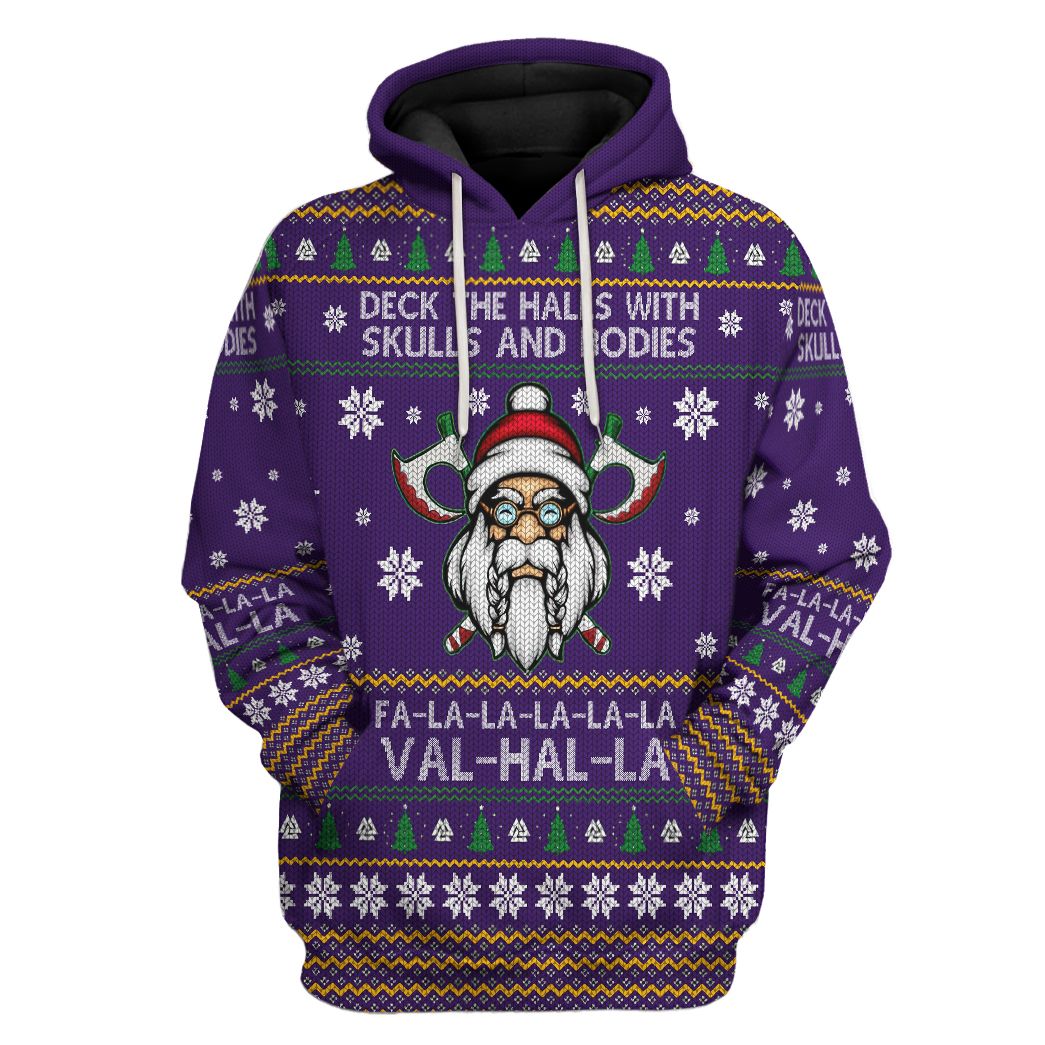  Viking T-shirt Deck The Halls With Skull And Bones Falalalala Valhalla Christmas Pattern Purple T-shirt Hoodie Adult Full Print