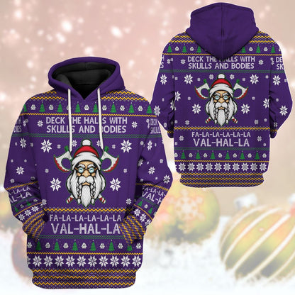  Viking T-shirt Deck The Halls With Skull And Bones Falalalala Valhalla Christmas Pattern Purple T-shirt Hoodie Adult Full Print