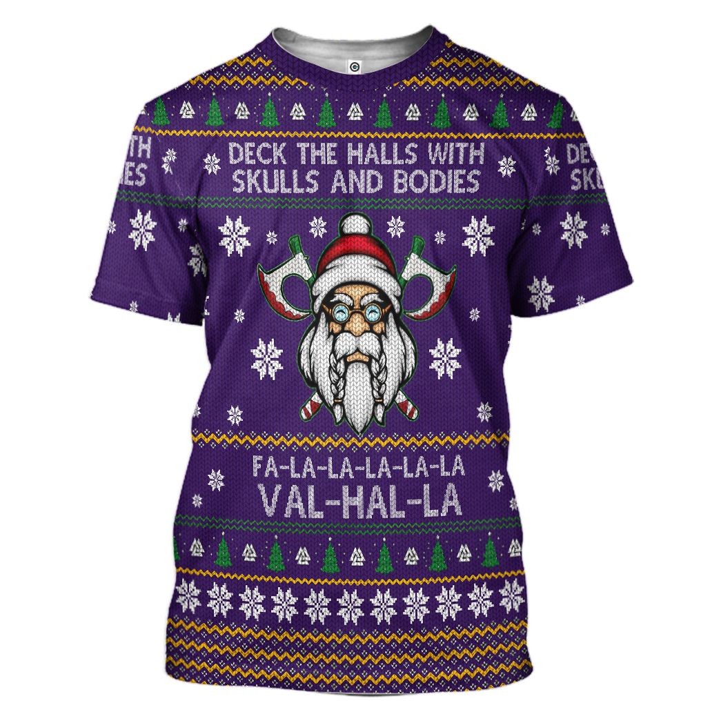  Viking T-shirt Deck The Halls With Skull And Bones Falalalala Valhalla Christmas Pattern Purple T-shirt Hoodie Adult Full Print