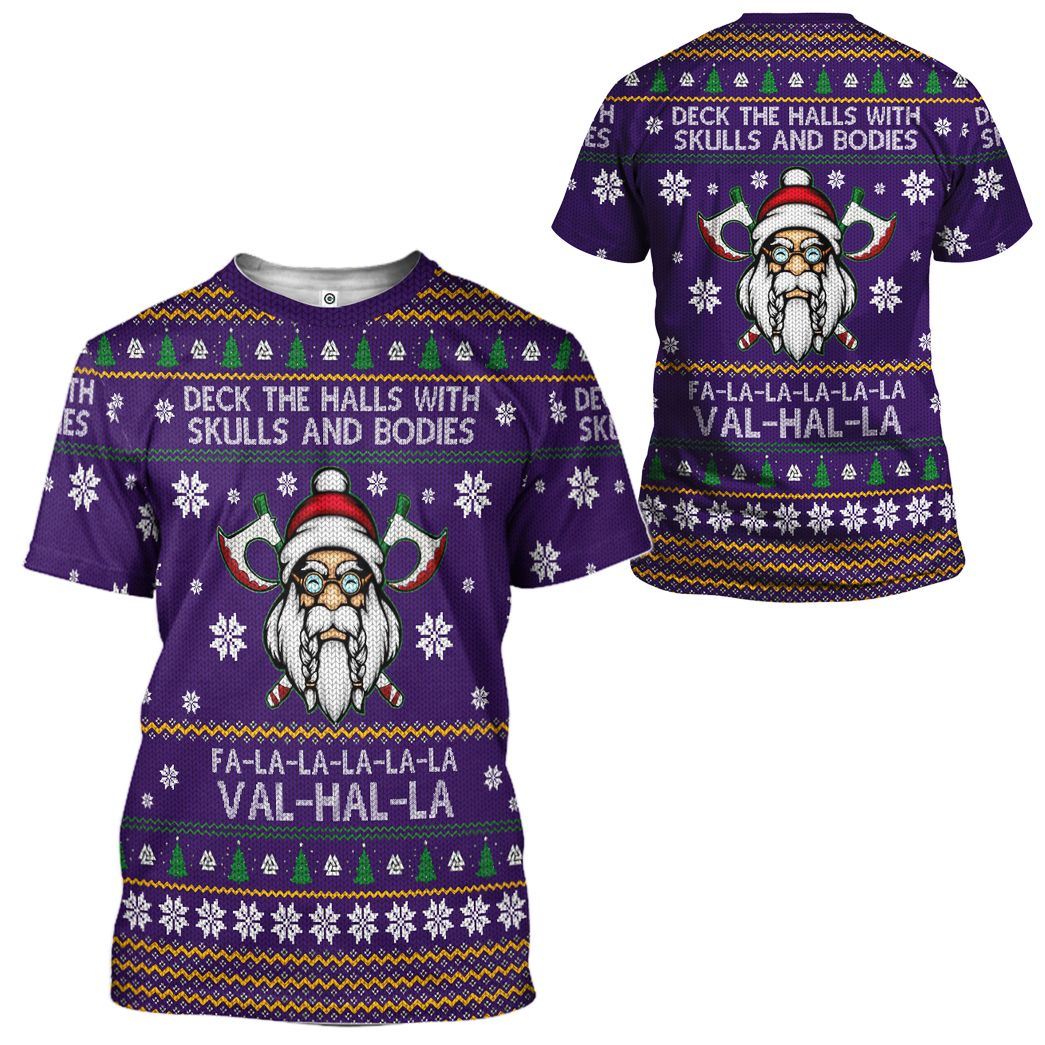  Viking T-shirt Deck The Halls With Skull And Bones Falalalala Valhalla Christmas Pattern Purple T-shirt Hoodie Adult Full Print